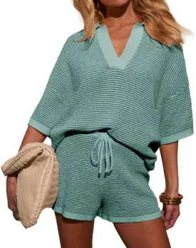Womens Crochet Sweater Set 2 Piece Outfits 3/4 Sleeve V Neck Knit Tops High Waisted Shorts Lounge Sets