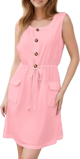 Women's Fashion Sleeveless Dress Round Neck Gradient Printed Button Down Double Pocket Lace-up Swing Midi Dress
