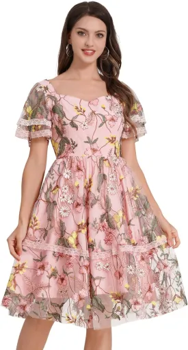 Women's Flower Embroidery Tulle Prom Dresses Ruffle Sleeve Square Neck Tulle Prom Dress Knee Length Cocktail Tea Dress