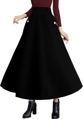 Women's High Waist Plaid Wool Maxi Skirt Thickened A-Line Long Flared Skirt