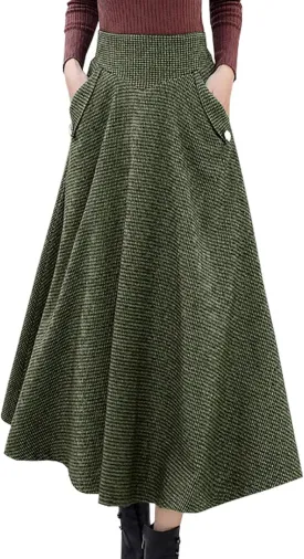 Women's High Waist Plaid Wool Maxi Skirt Thickened A-Line Long Flared Skirt