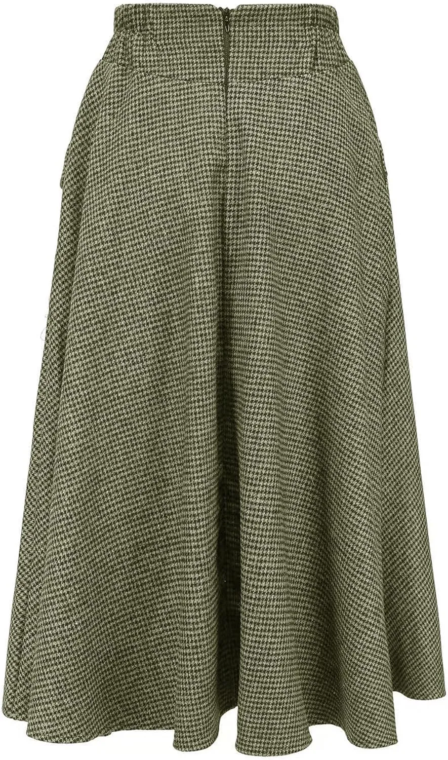 Women's High Waist Plaid Wool Maxi Skirt Thickened A-Line Long Flared Skirt