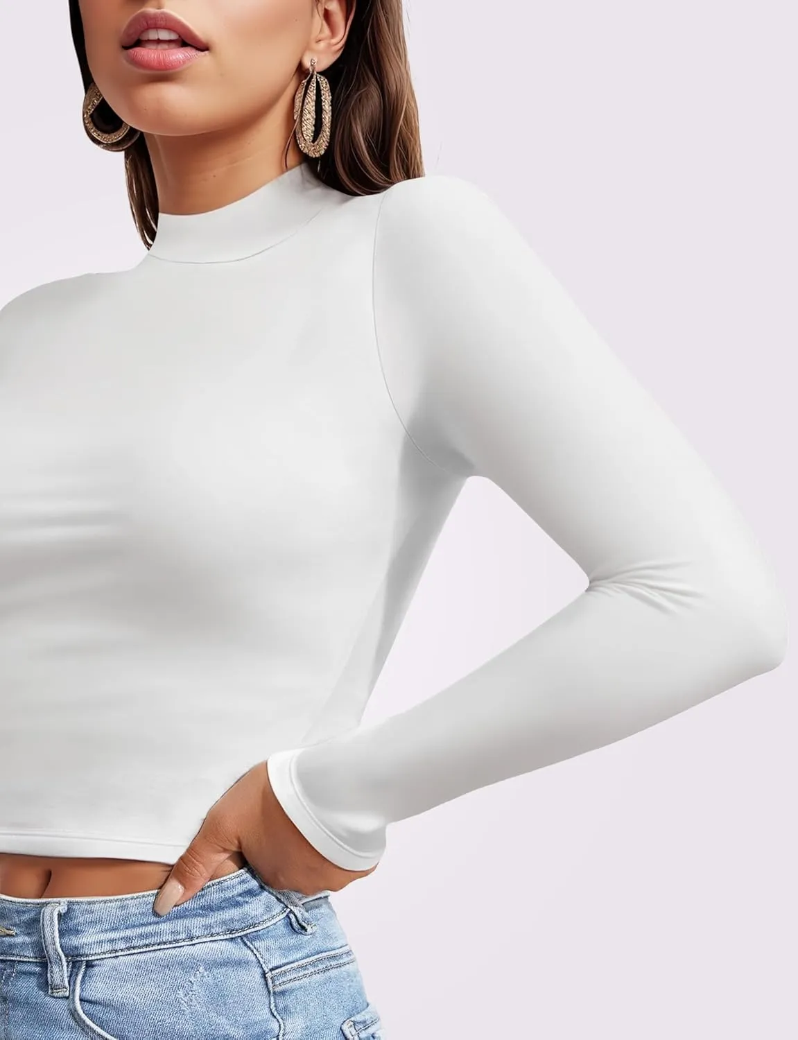 Womens Long Sleeve Crop Top Mock Turtleneck Sexy Slim Fitted Casual Base Layer Lightweight Soft Shirt Going Out Teen Sexy Top