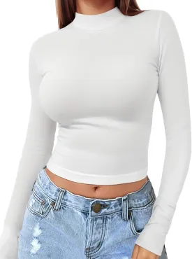 Womens Long Sleeve Crop Top Mock Turtleneck Sexy Slim Fitted Casual Base Layer Lightweight Soft Shirt Going Out Teen Sexy Top