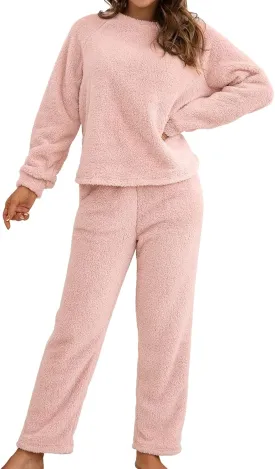 Women's Long Sleeve Pajama Set 2 Piece Sherpa Fleece Pullover Shirt and Pants Outfit Warm Loungewear Cozy Sleepwear