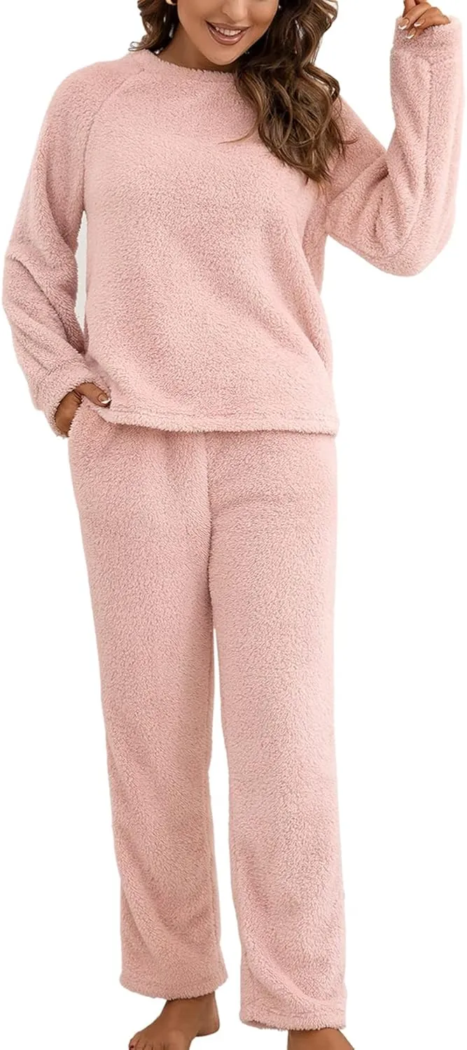 Women's Long Sleeve Pajama Set 2 Piece Sherpa Fleece Pullover Shirt and Pants Outfit Warm Loungewear Cozy Sleepwear