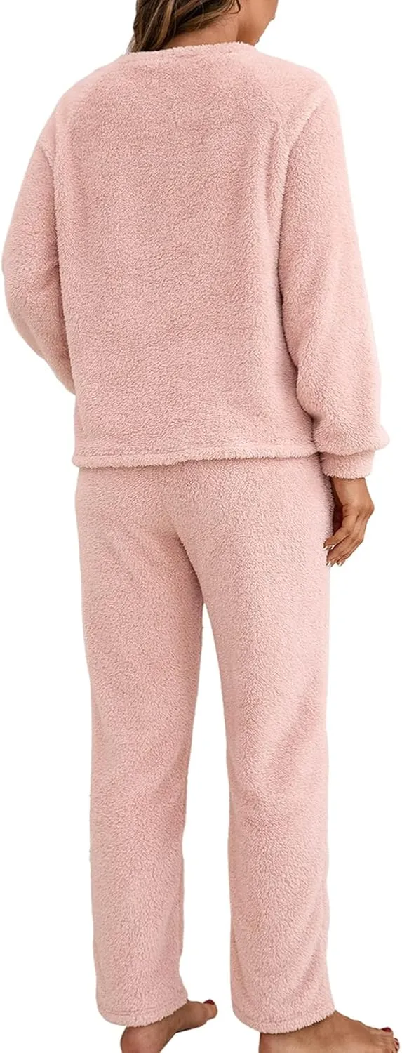 Women's Long Sleeve Pajama Set 2 Piece Sherpa Fleece Pullover Shirt and Pants Outfit Warm Loungewear Cozy Sleepwear