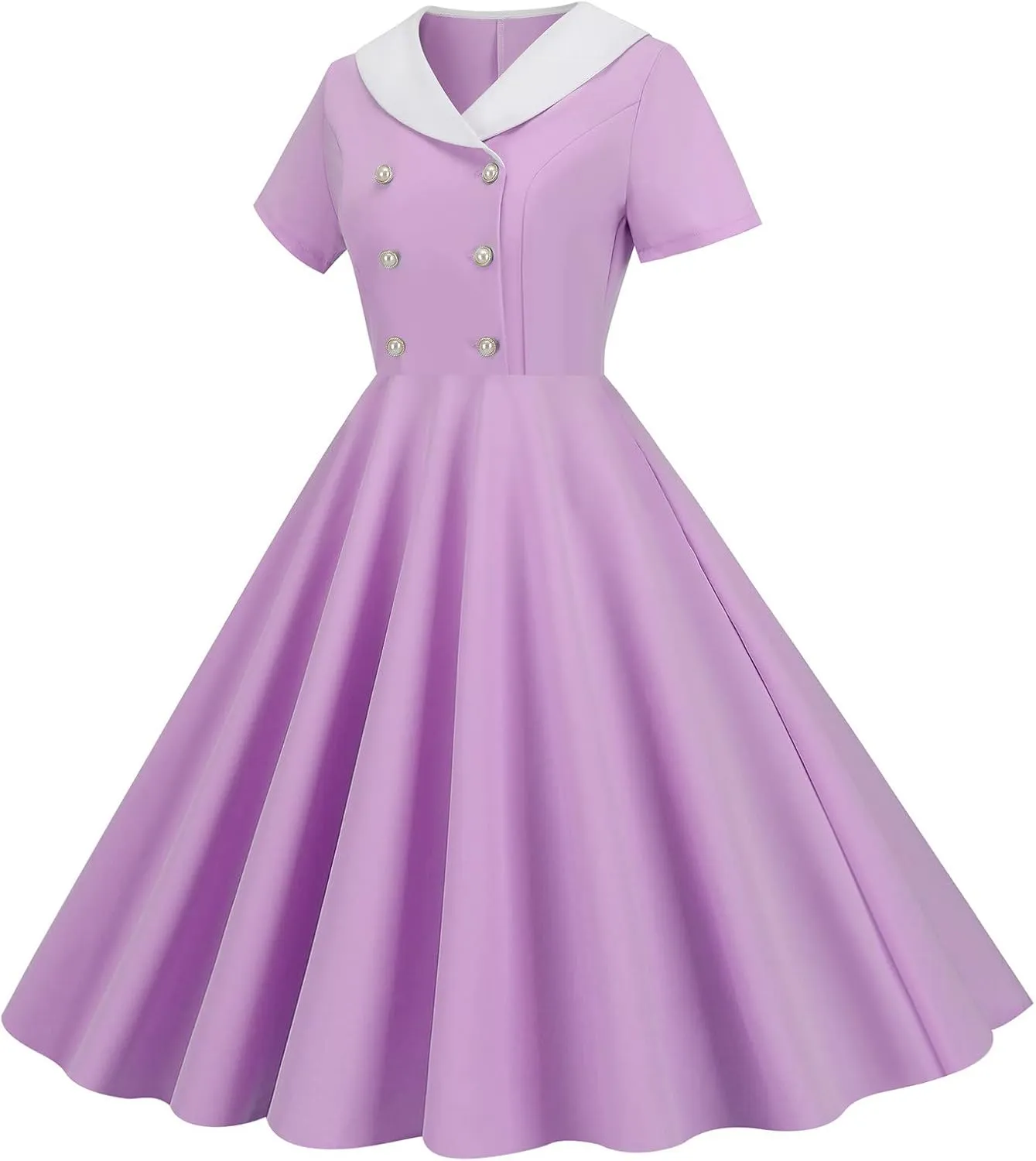 Women's Retro Dresses 60s Sailor Collar Short Sleeve Pinup Cocktail Dress Double Breasted Pleated A Line Swing Dress