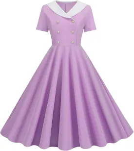 Women's Retro Dresses 60s Sailor Collar Short Sleeve Pinup Cocktail Dress Double Breasted Pleated A Line Swing Dress