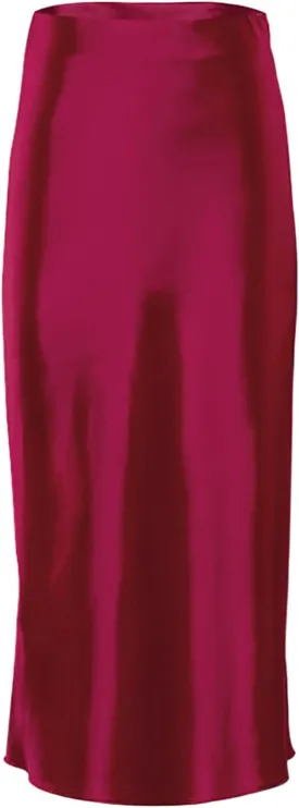 Womens Satin Midi Skirts Summer Elastic High Waisted Hip Silky Skirt Fashion Casual Solid Color A Line Midi Skirts