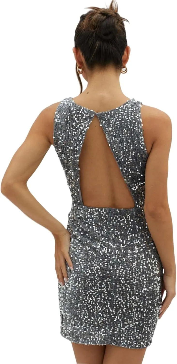 Women's Sexy Backless Sparkly Sequin Mini Dress Split Hem Glitter Velvet Tank Dress Prom Party Cocktail Dress