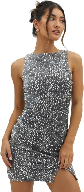 Women's Sexy Backless Sparkly Sequin Mini Dress Split Hem Glitter Velvet Tank Dress Prom Party Cocktail Dress