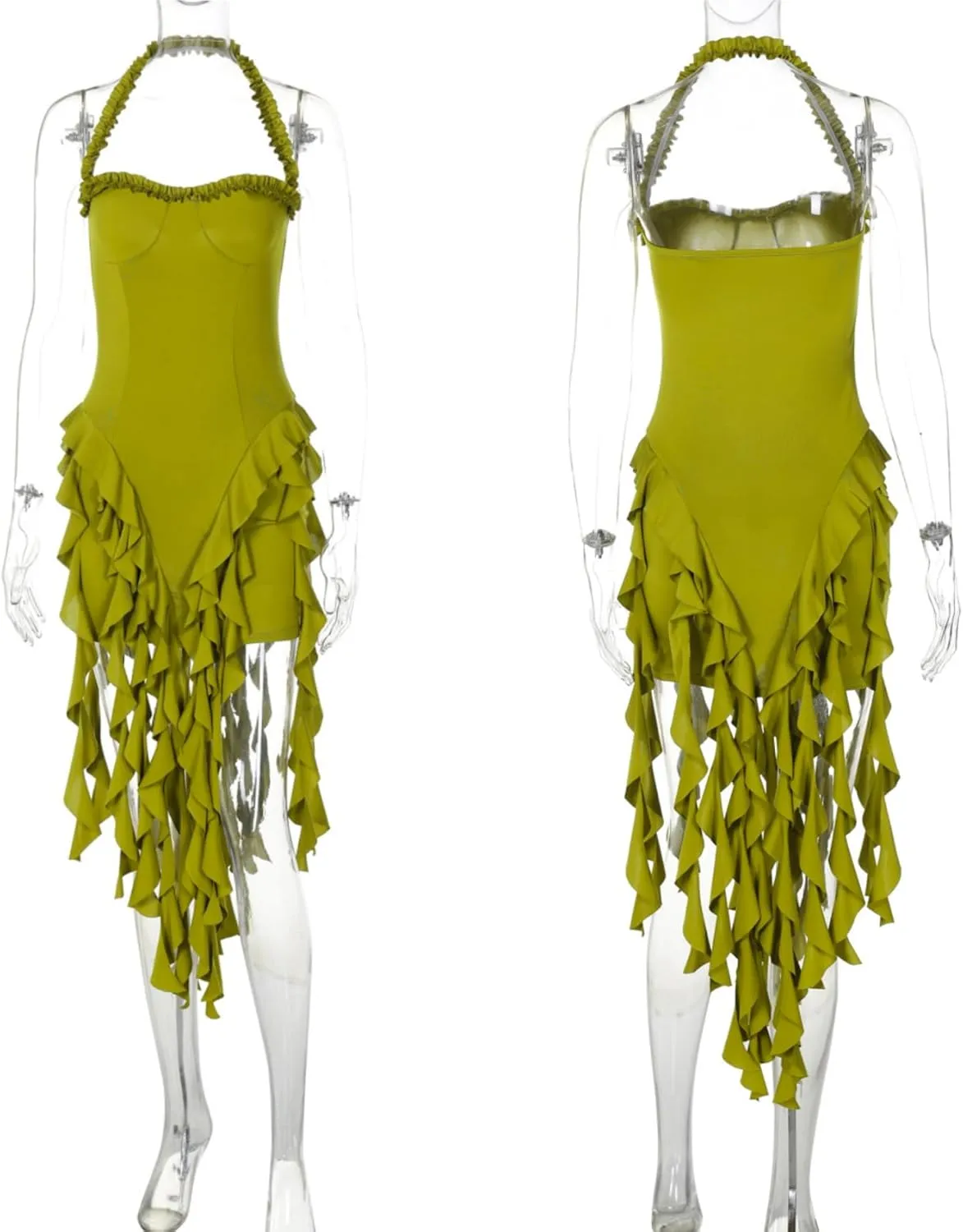 Womens Sexy Halter Fringe Ruffle Hem Mini Dress Backless Bodycon Short Dress Frills Tassel Party Club Dress
