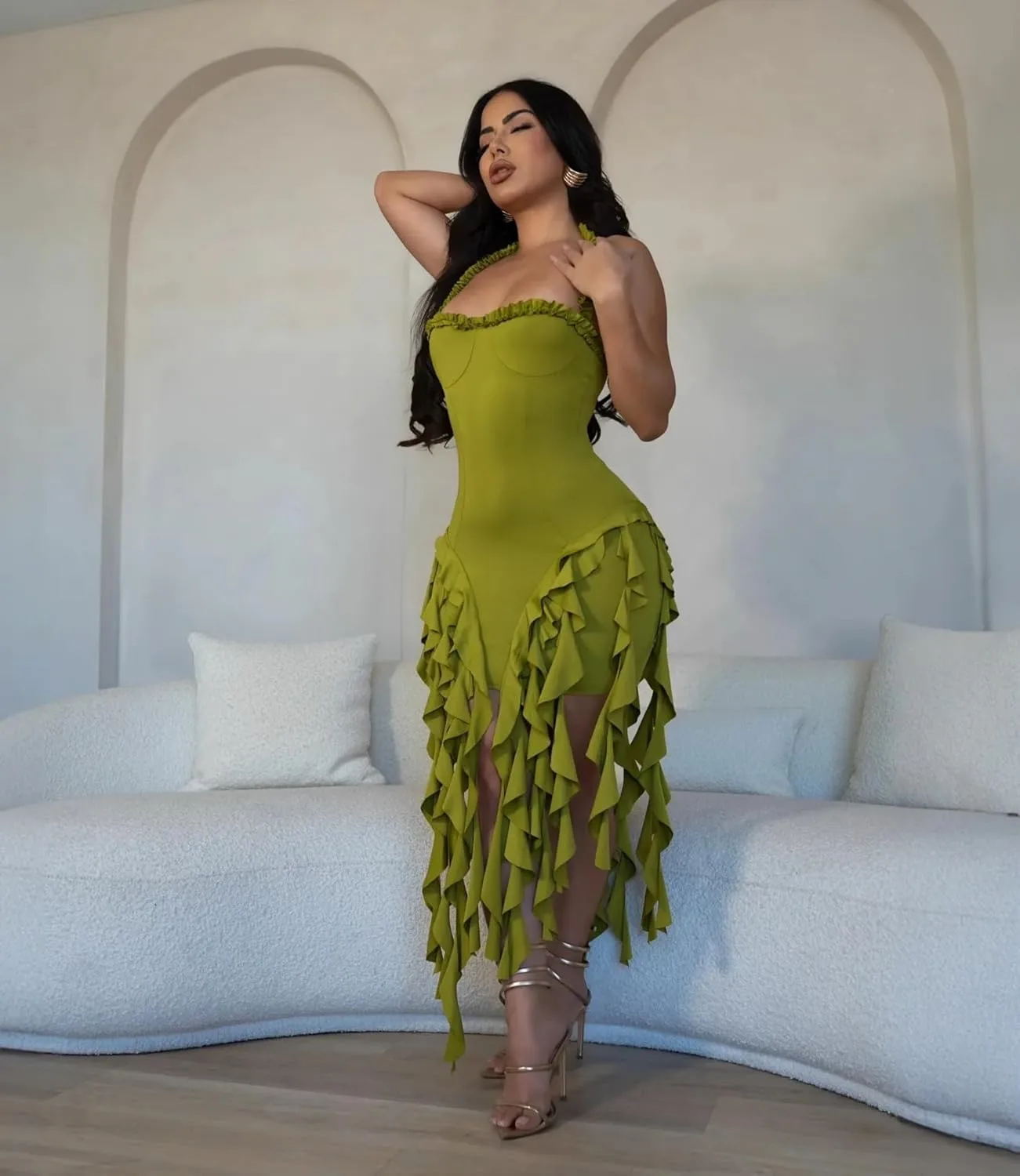 Womens Sexy Halter Fringe Ruffle Hem Mini Dress Backless Bodycon Short Dress Frills Tassel Party Club Dress