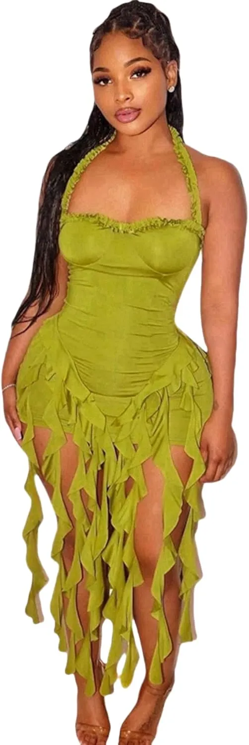 Womens Sexy Halter Fringe Ruffle Hem Mini Dress Backless Bodycon Short Dress Frills Tassel Party Club Dress