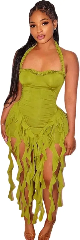 Womens Sexy Halter Fringe Ruffle Hem Mini Dress Backless Bodycon Short Dress Frills Tassel Party Club Dress