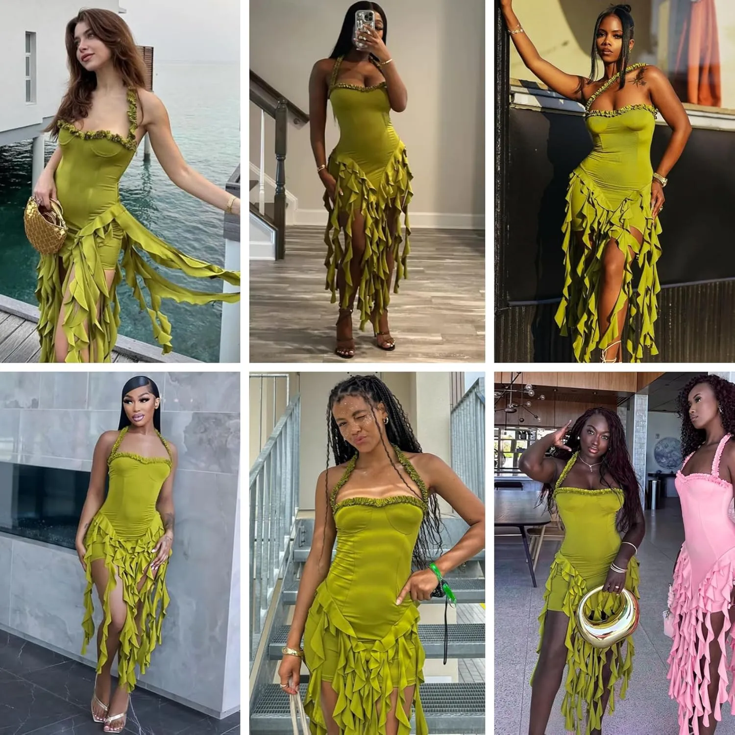 Womens Sexy Halter Fringe Ruffle Hem Mini Dress Backless Bodycon Short Dress Frills Tassel Party Club Dress