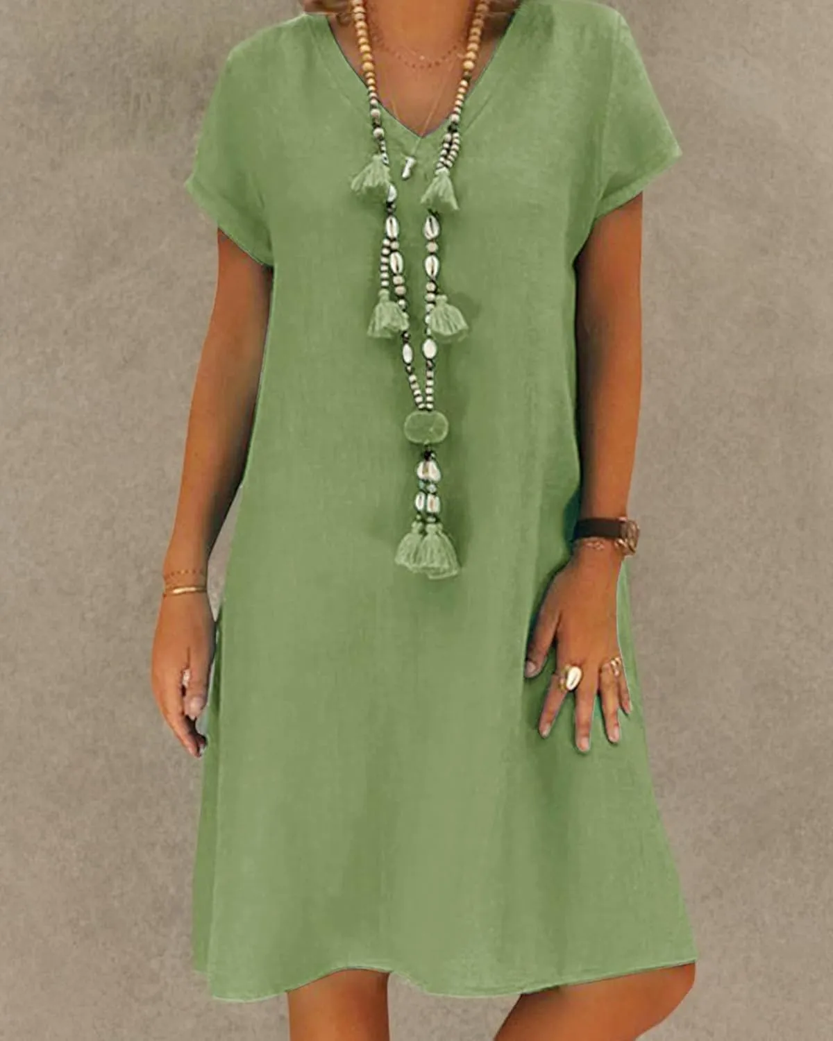Women's Short Sleeve T Shirt Dress Casual Cotton Linen Knee-Long Dress V Neck Summer Beach Dress with Pockets