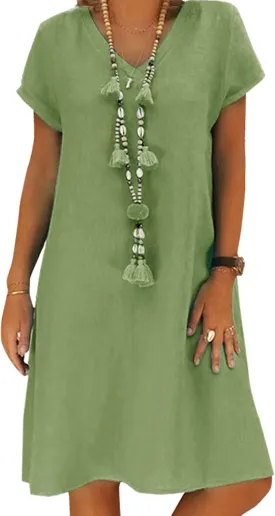 Women's Short Sleeve T Shirt Dress Casual Cotton Linen Knee-Long Dress V Neck Summer Beach Dress with Pockets