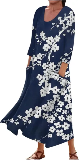 Womens Spring Boho Maxi Casual Cotton Dresses Crewneck Long Sleeve Dress Beach Smocked Ruffle Flowy Long Dresses