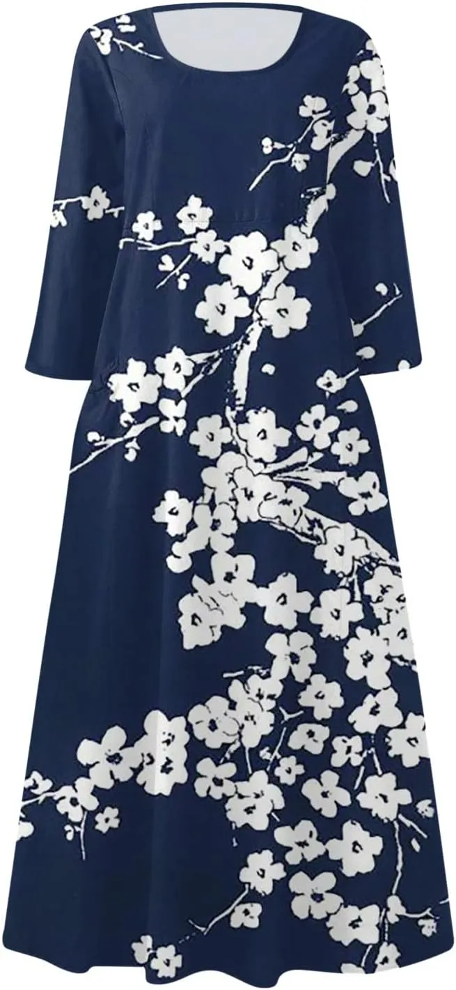 Womens Spring Boho Maxi Casual Cotton Dresses Crewneck Long Sleeve Dress Beach Smocked Ruffle Flowy Long Dresses