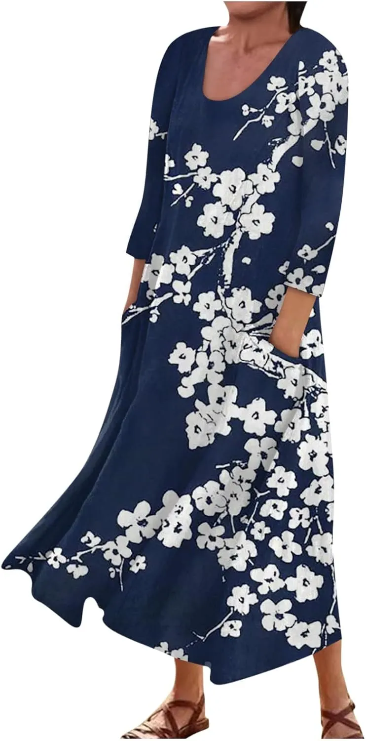 Womens Spring Boho Maxi Casual Cotton Dresses Crewneck Long Sleeve Dress Beach Smocked Ruffle Flowy Long Dresses