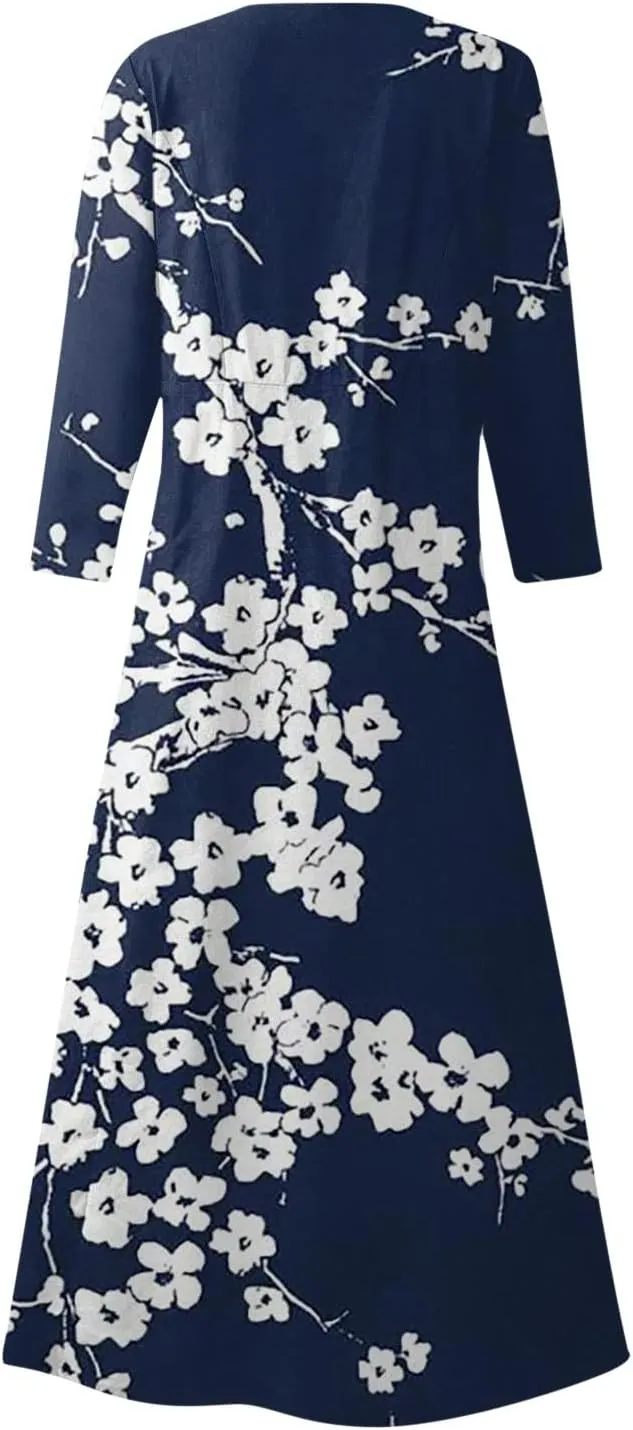 Womens Spring Boho Maxi Casual Cotton Dresses Crewneck Long Sleeve Dress Beach Smocked Ruffle Flowy Long Dresses