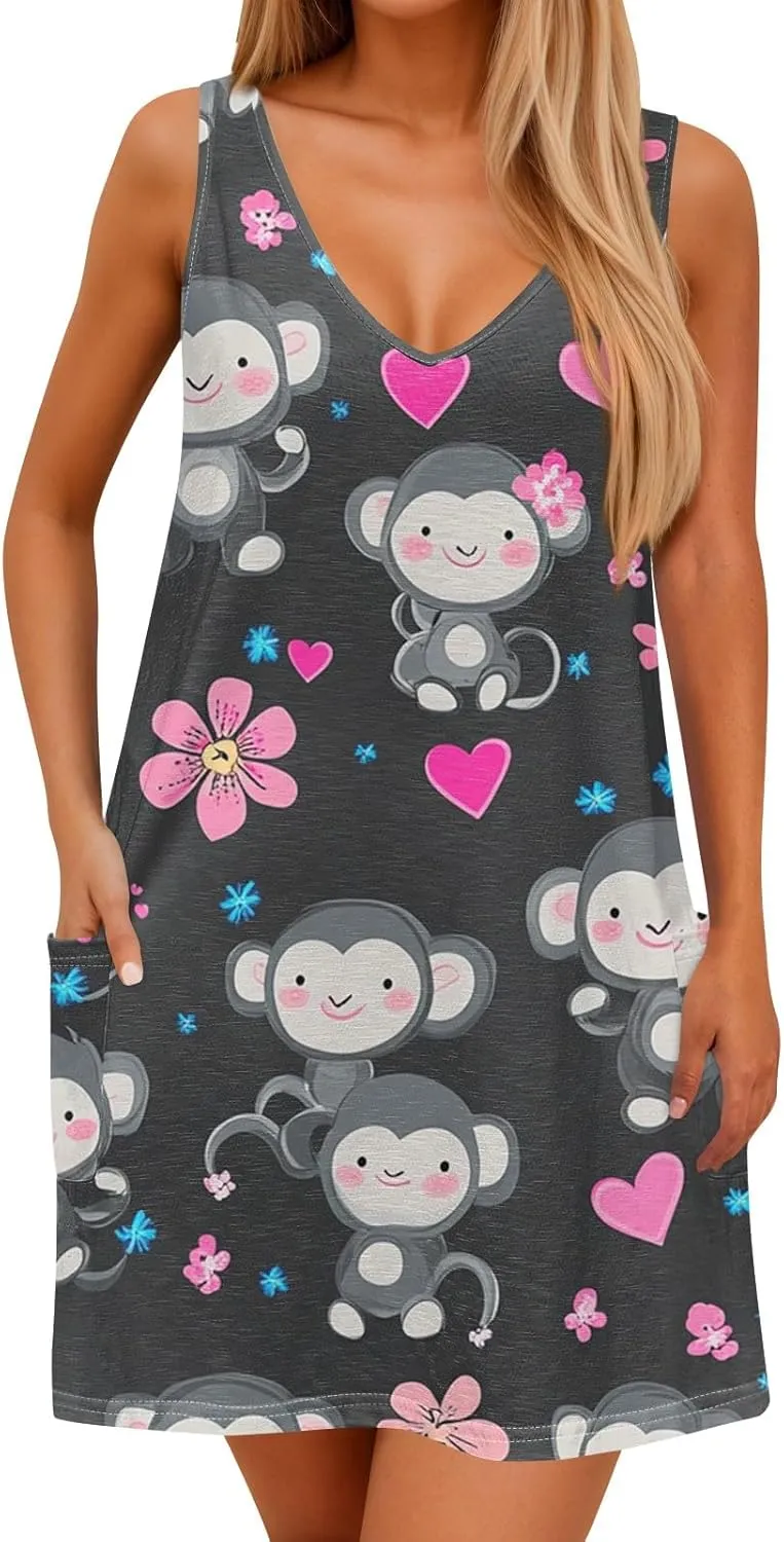 Women's Summer Dresses V Neck Vacation Swimsuit Coverup Casual Sleeveless Dress with Pocket 2025 Printed Sundress