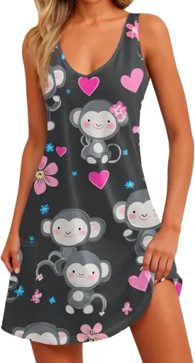 Women's Summer Dresses V Neck Vacation Swimsuit Coverup Casual Sleeveless Dress with Pocket 2025 Printed Sundress