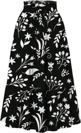 Women's Sundresses Boho Floral Skirt Casual Elastic High Waist Maxi Skirts Flowy A Line Beach Long Skirt, S-2XL