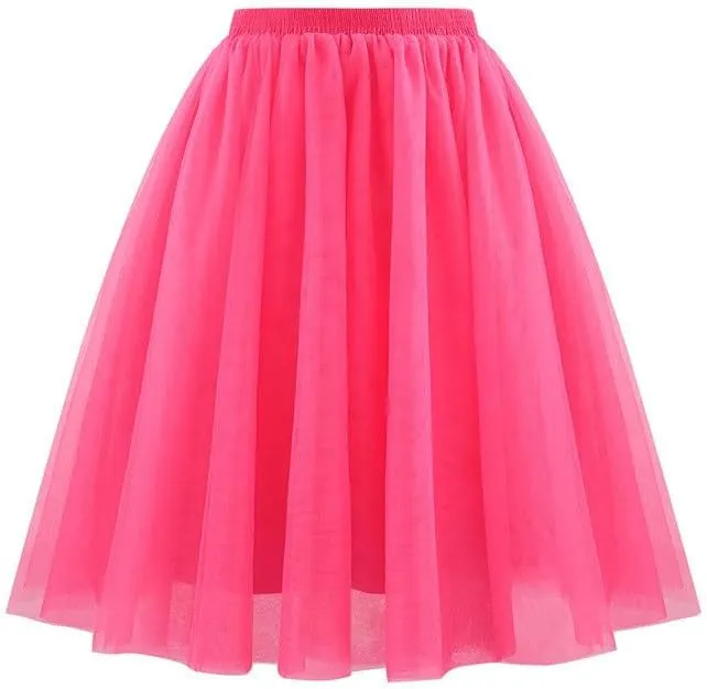 Women's Tulle Skirts Elastic High Waist Pleated Layered Mesh Flowy A-Line Swing Party Midi Long Tutu Skirt