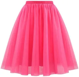 Women's Tulle Skirts Elastic High Waist Pleated Layered Mesh Flowy A-Line Swing Party Midi Long Tutu Skirt