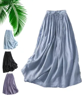 Women's Wrap Around A Line Linen Skirt with Pocket, Casual Tie Waist A-Line Long Flowy Soft Lightweight Beach Skirt Plus Size
