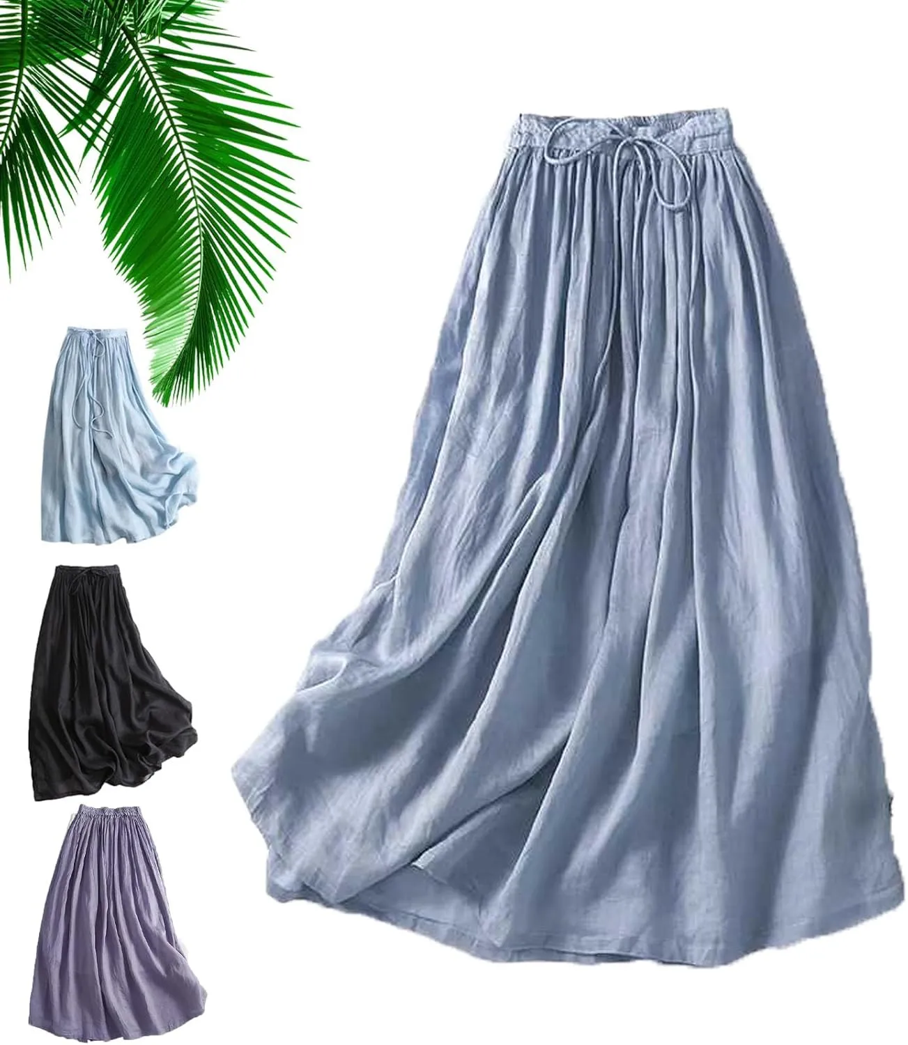 Women's Wrap Around A Line Linen Skirt with Pocket, Casual Tie Waist A-Line Long Flowy Soft Lightweight Beach Skirt Plus Size
