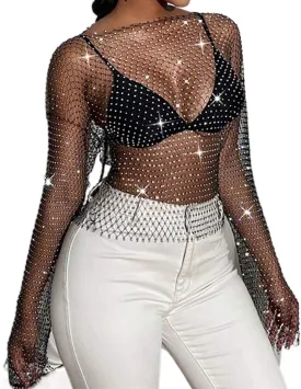 Yokawe Black Fishnet Rhinestone Crop Top, Long Sleeve Mesh Glitter Party Festival Top for Women & Girls